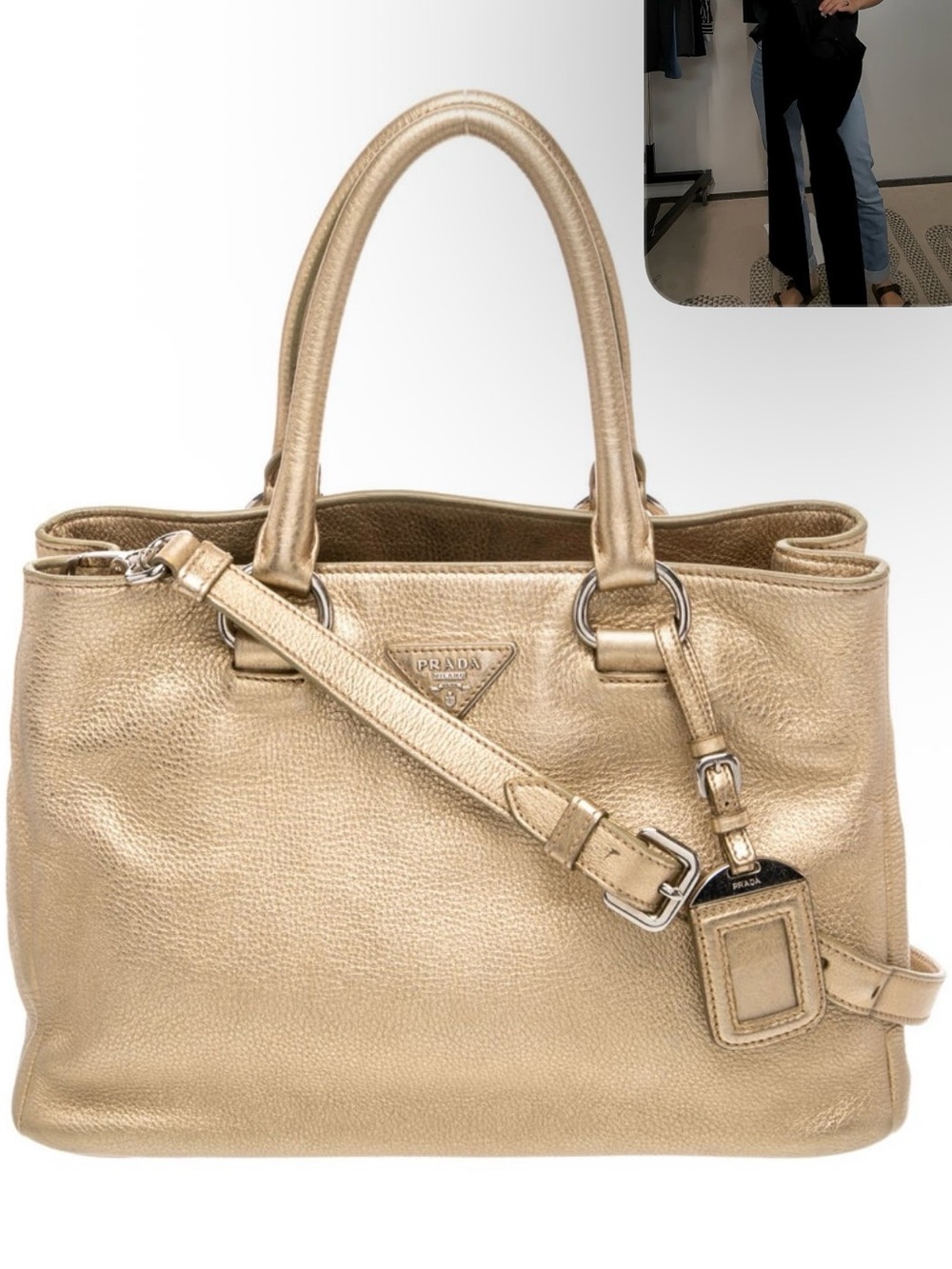 Prada Metallic Gold Leather Tote with Removable Strap